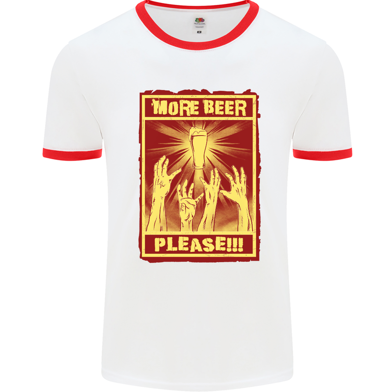 Zombies More Beer Please Funny Alcohol Mens White Ringer T-Shirt White/Red