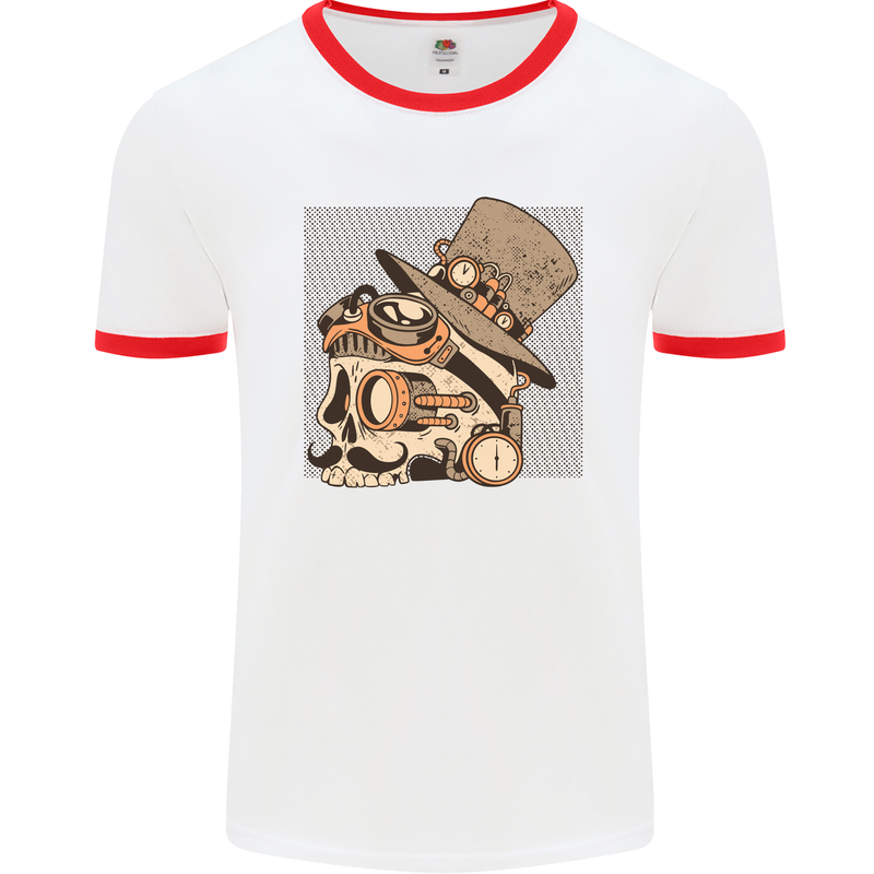 Steampunk Skull With Moustache Mens White Ringer T-Shirt White/Red