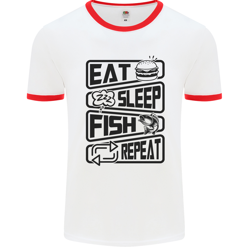 Eat Sleep Fish Repeat Funny Fishing Mens White Ringer T-Shirt White/Red