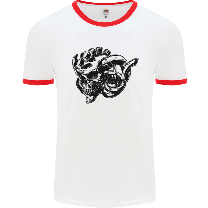 Turbo Skull Car Enthusiast Engine Drifting Mens White Ringer T-Shirt White/Red