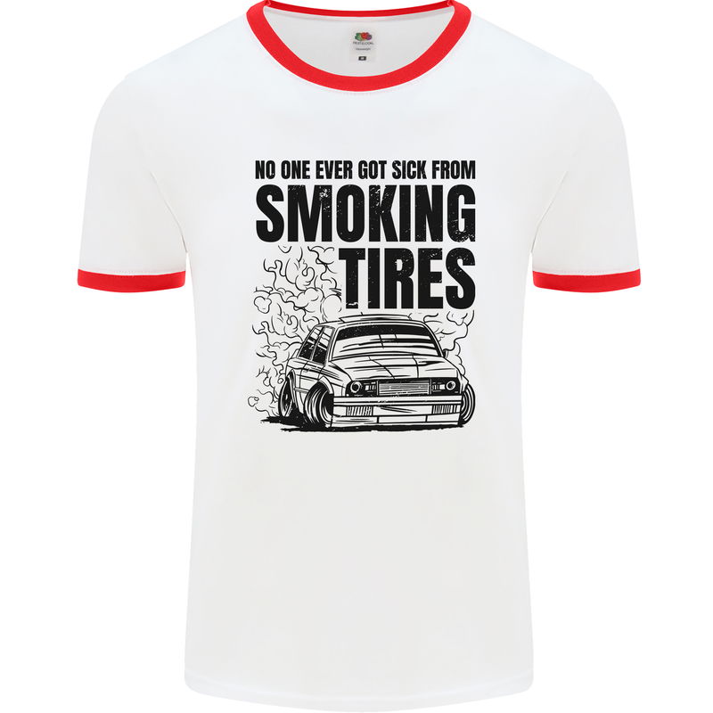 Car Drifting Burning Tires Mens Ringer T-Shirt White/Red