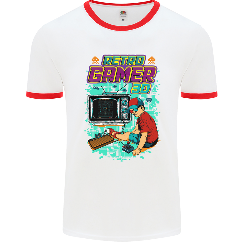 Retro Gamer Arcade Games Gaming Mens White Ringer T-Shirt White/Red