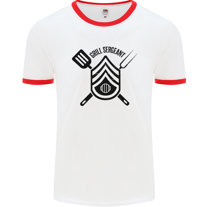 BBQ Grill Sergeant Chef Cook Food Funny Mens White Ringer T-Shirt White/Red