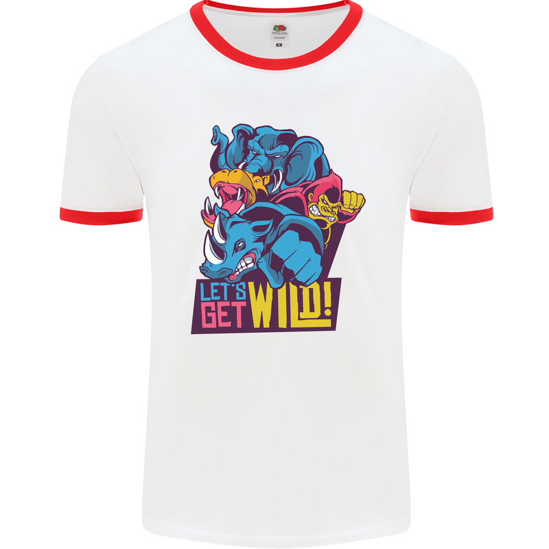 Lets Get Wild Rhino Gorilla Elephant Hippo Mens White Ringer T-Shirt White/Red