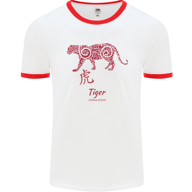 Chinese Zodiac Shengxiao Year of the Tiger Mens White Ringer T-Shirt White/Red