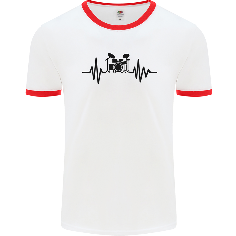 Drum Kit Pulse ECG Drummer Drumming Drum Mens White Ringer T-Shirt White/Red