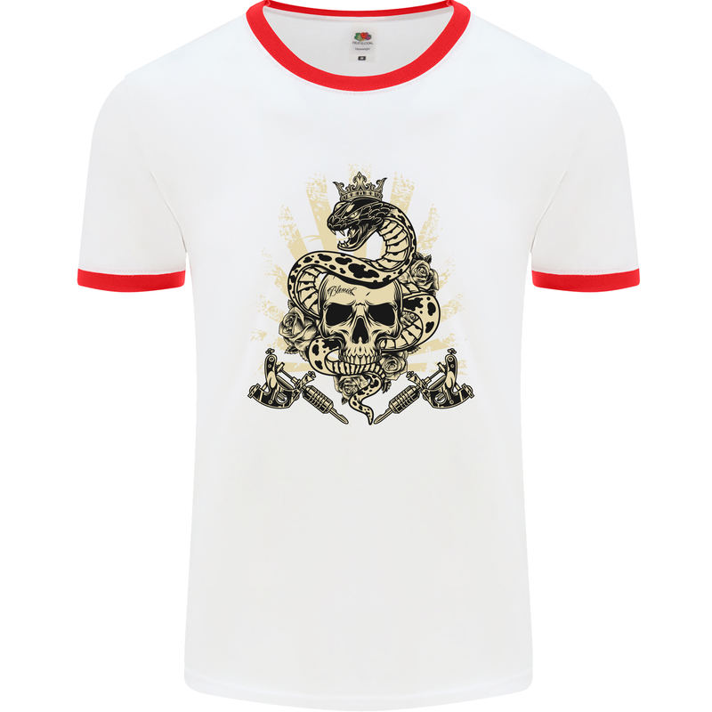 Tattoo Skull Snake Tattooist Biker Gothic Mens White Ringer T-Shirt White/Red