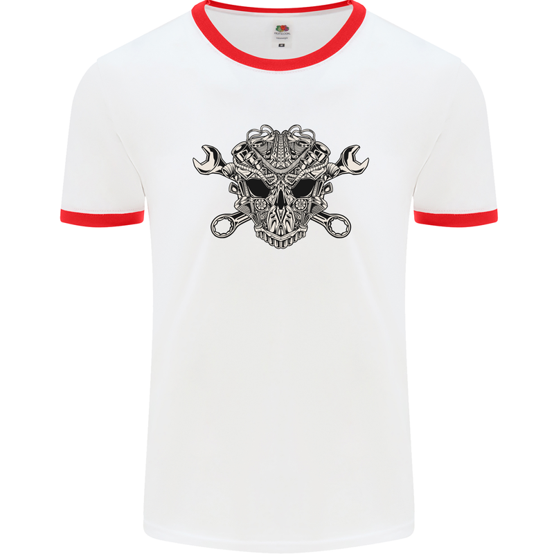 Engine Skull Mechanic Car Biker Motorbike Mens White Ringer T-Shirt White/Red