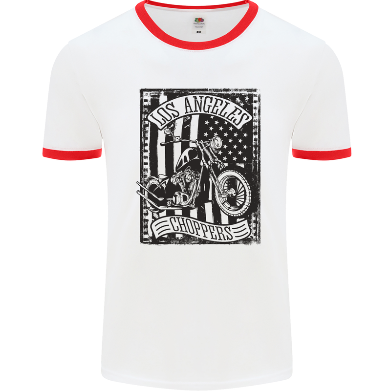 LA Choppers Motorcycle Motorbike Biker Mens White Ringer T-Shirt White/Red