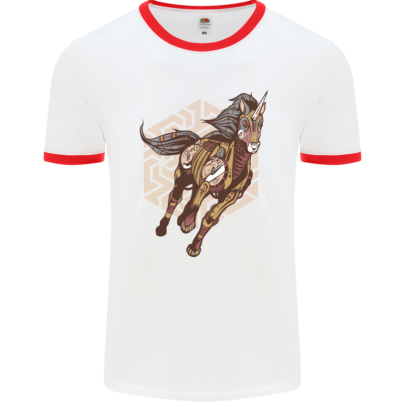 Steampunk Unicorn Mens White Ringer T-Shirt White/Red