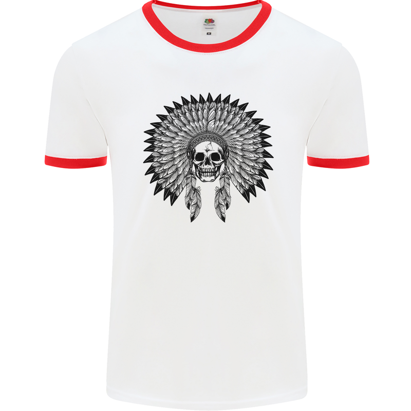 Indian Skull Headdress Biker Motorcycle Mens White Ringer T-Shirt White/Red