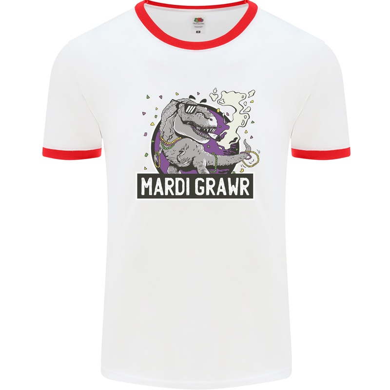 Funny T-Rex Mardi Gras Grawr Dinosaur Mens White Ringer T-Shirt White/Red