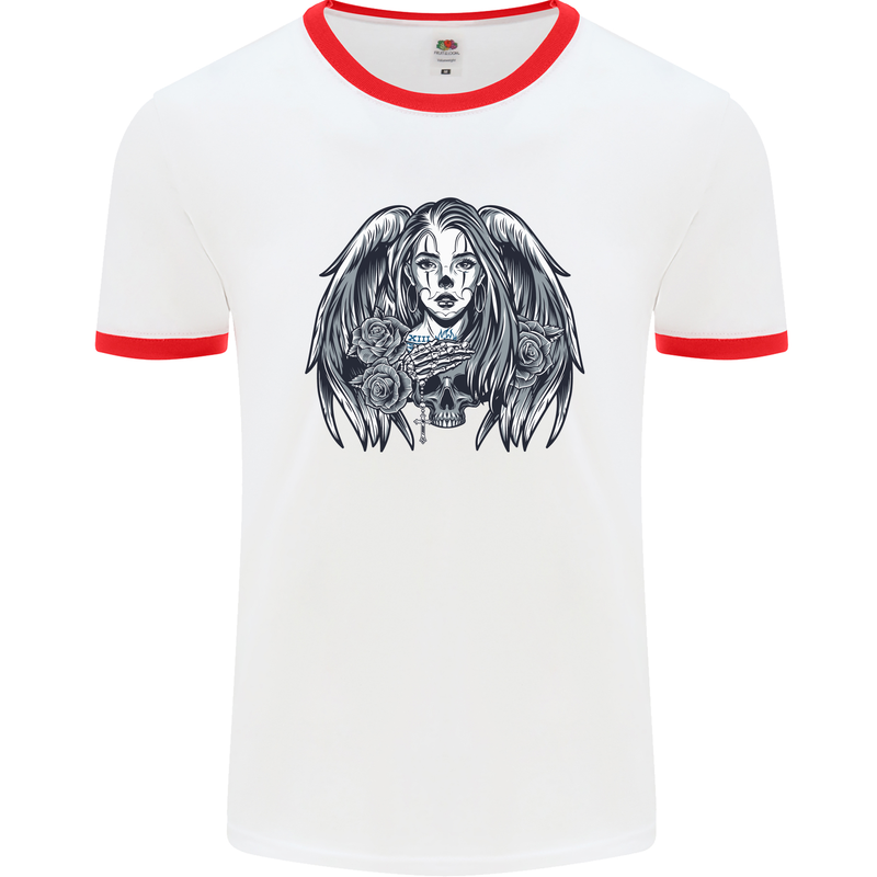 Heaven & Hell Angel Skull Day of the Dead Mens White Ringer T-Shirt White/Red