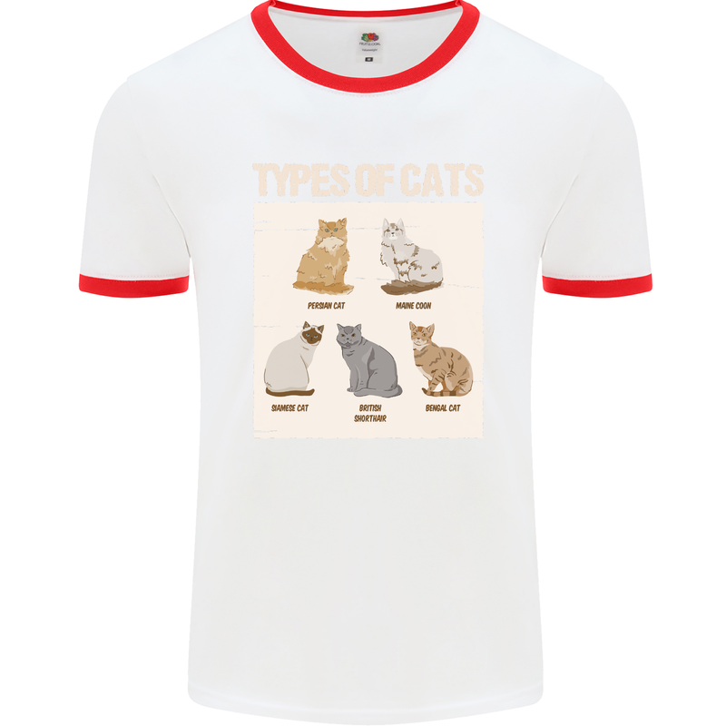 Types of Cat Persian Siamese British Bengal Mens White Ringer T-Shirt White/Red