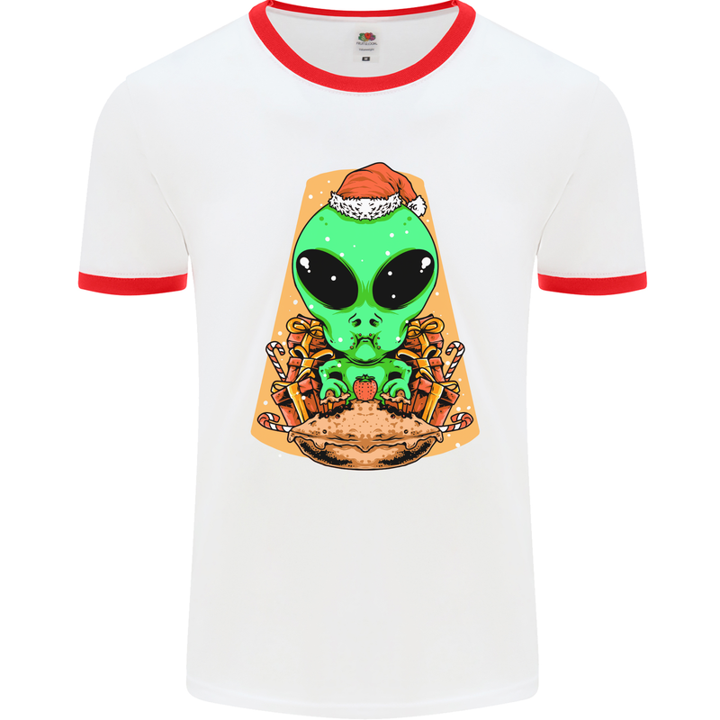 Christmas Alien UFO Santa Space Ship Funny Mens White Ringer T-Shirt White/Red