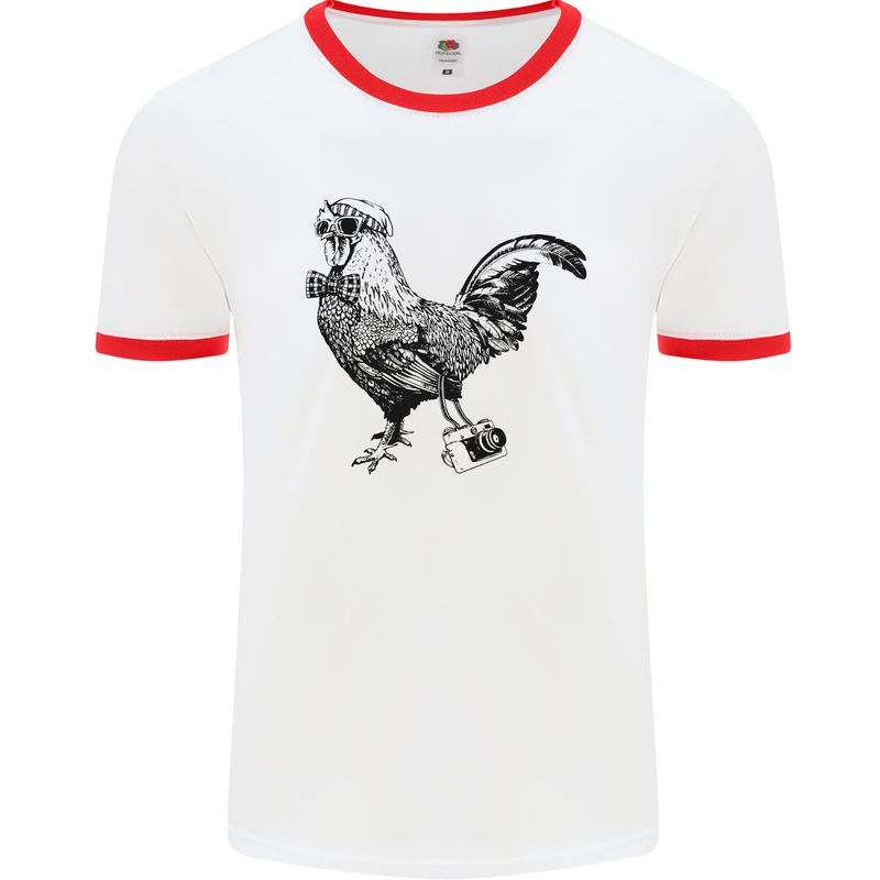 Rooster Camera Photography Photographer Mens White Ringer T-Shirt White/Red