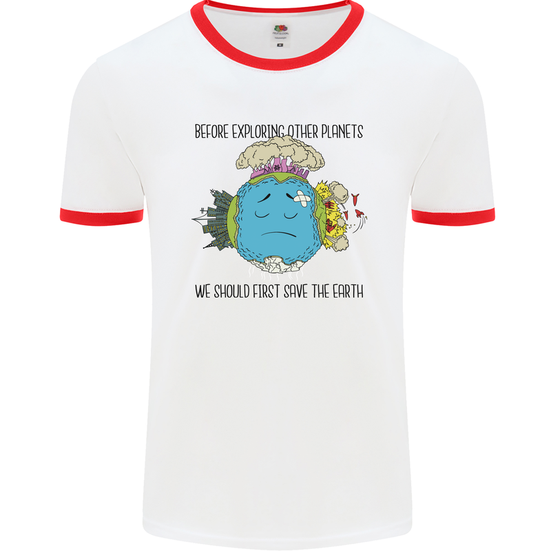 Save the Earth Climate Change Environment Mens White Ringer T-Shirt White/Red