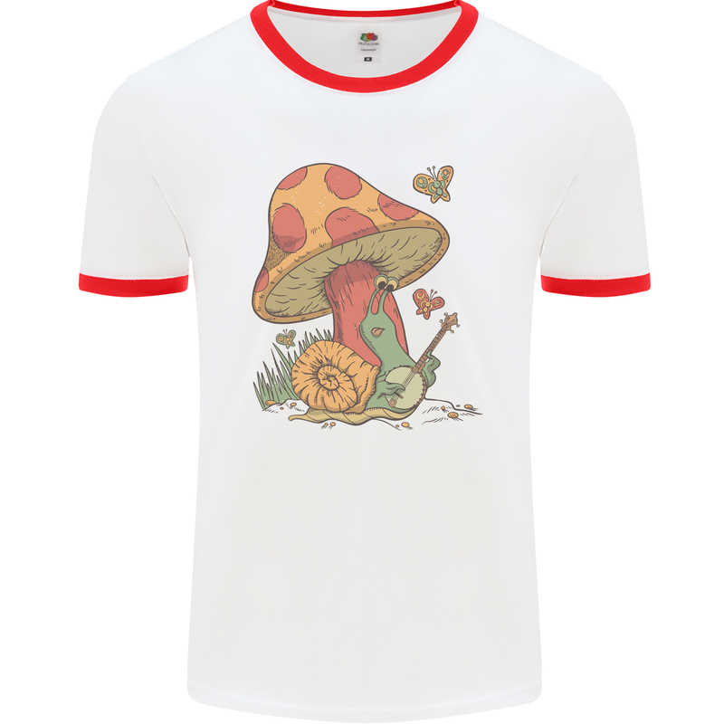 A Snail Playing the Banjo Under a Mushroom Mens White Ringer T-Shirt White/Red