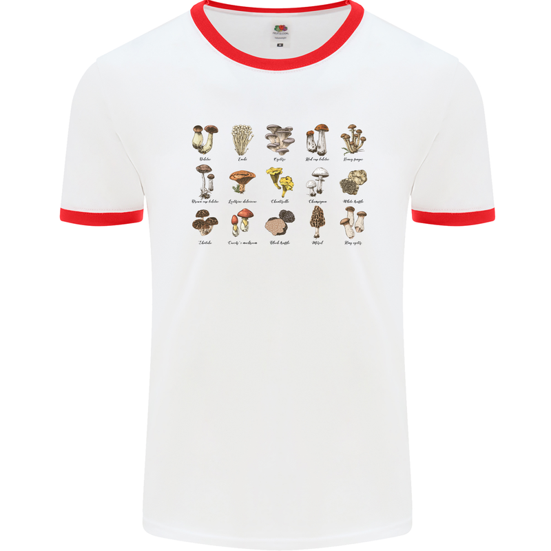 Mushroom Species Foraging Mycology Mens Ringer T-Shirt White/Red