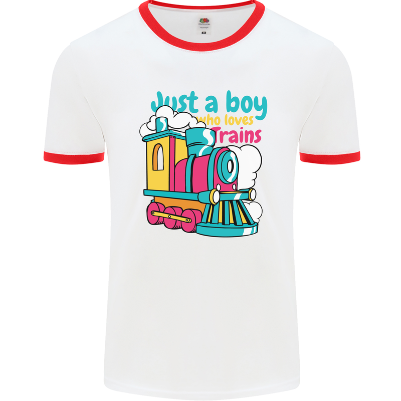 Just a Boy Who Loves Trains Spotter Engine Mens White Ringer T-Shirt White/Red