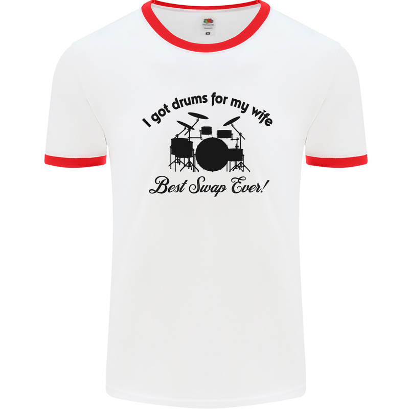 Drums for My Wife Drumming Drummer Mens White Ringer T-Shirt White/Red