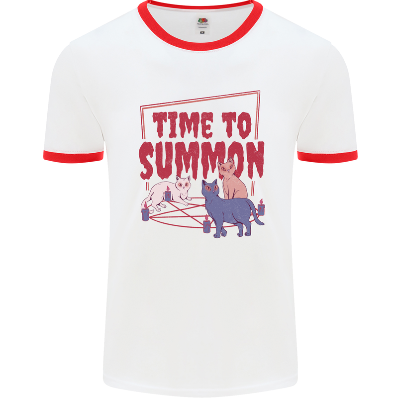 Time to Summon Cats Let's Summon Demons Mens White Ringer T-Shirt White/Red