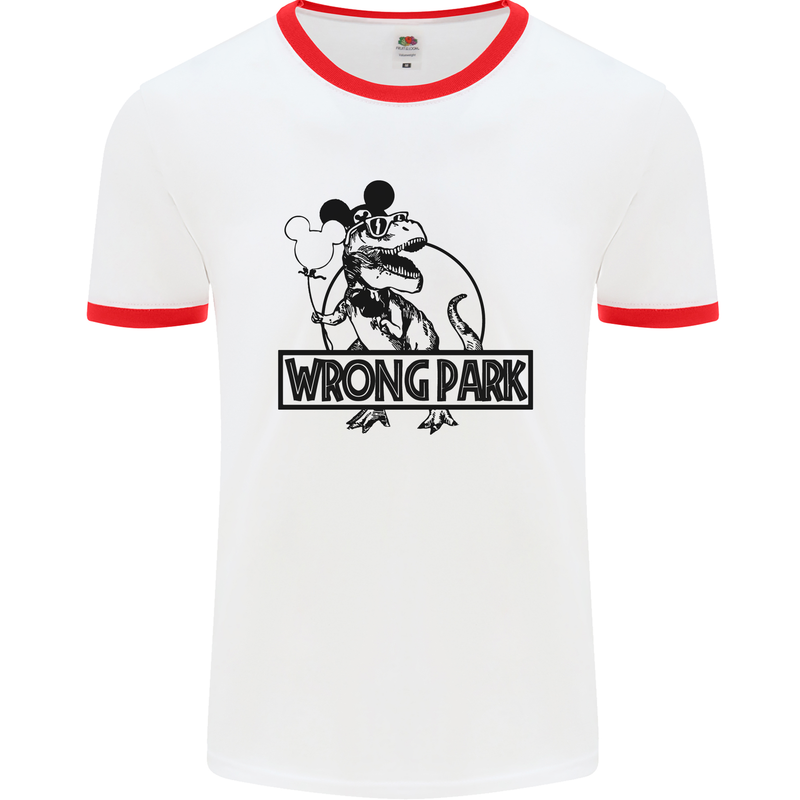 Wrong Park Funny T-Rex Dinosaur Jurrasic Mens White Ringer T-Shirt White/Red