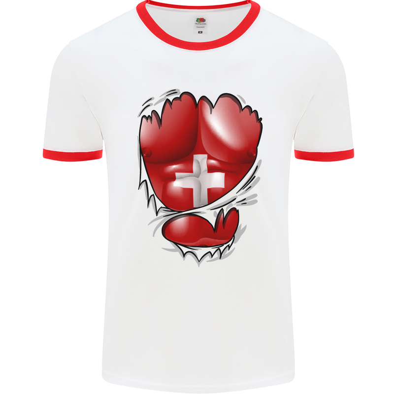 Gym Swiss Flag Ripped Muscles Switzerland Mens White Ringer T-Shirt White/Red