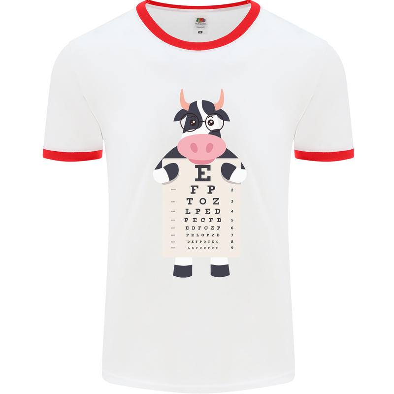 A Cow Holding a Snellen Eye Chart Glasses Mens White Ringer T-Shirt White/Red