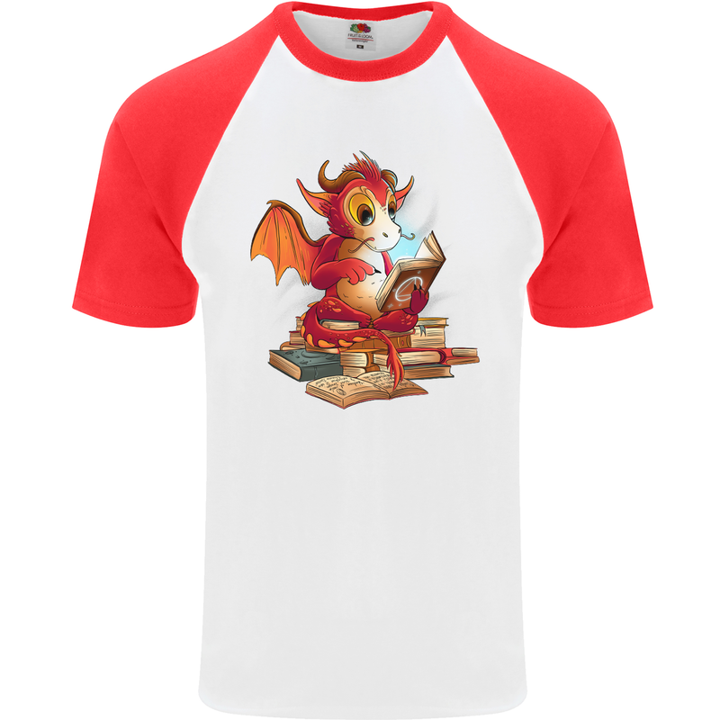 A Book Reading Dragon Bookworm Fantasy Mens S/S Baseball T-Shirt White/Red