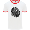 Indian Skull Headdress Biker Motorbike Mens White Ringer T-Shirt White/Red