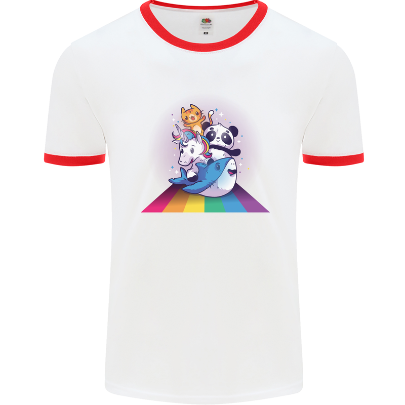 Mystical Panda Bear Unicorn Cat and Shark Mens Ringer T-Shirt White/Red