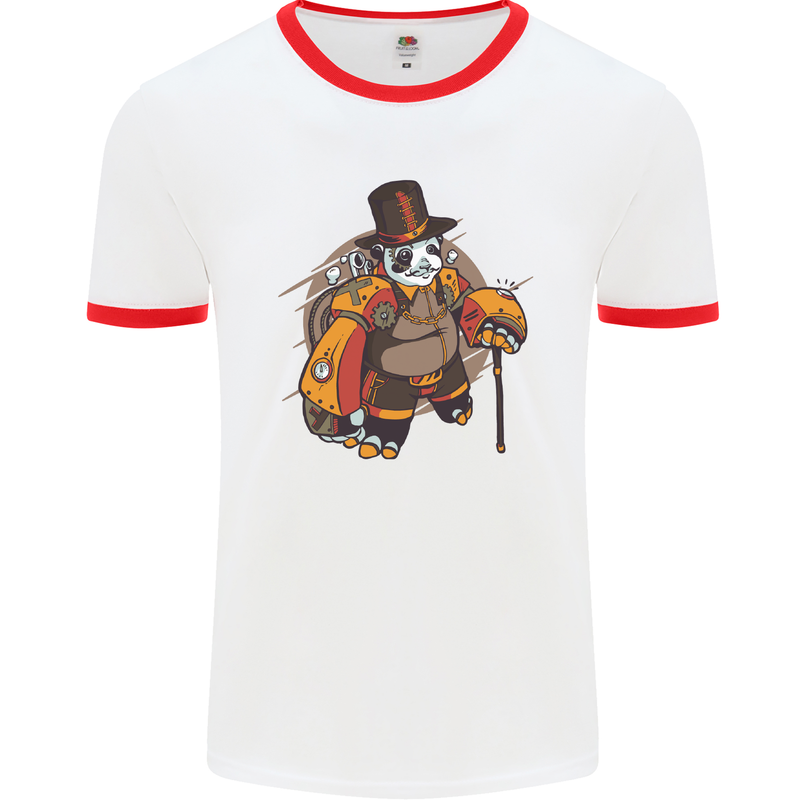 Steampunk Panda Bear Mens White Ringer T-Shirt White/Red