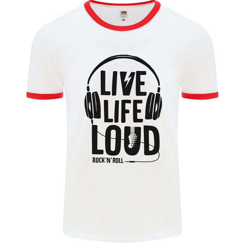 Live Life Loud Rock n Roll Guitar Music Mens Ringer T-Shirt White/Red