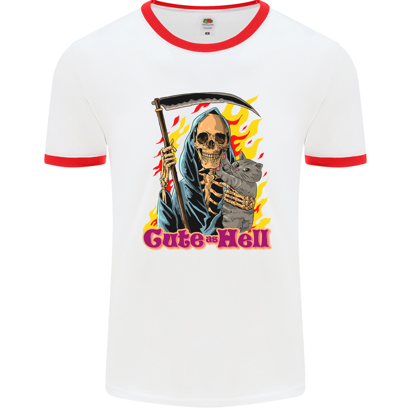 Cute Hell Cat Grim Reaper Skull Halloween Mens White Ringer T-Shirt White/Red