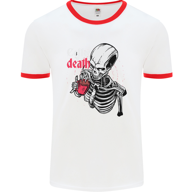 Coffee or Death Skull Mens White Ringer T-Shirt White/Red