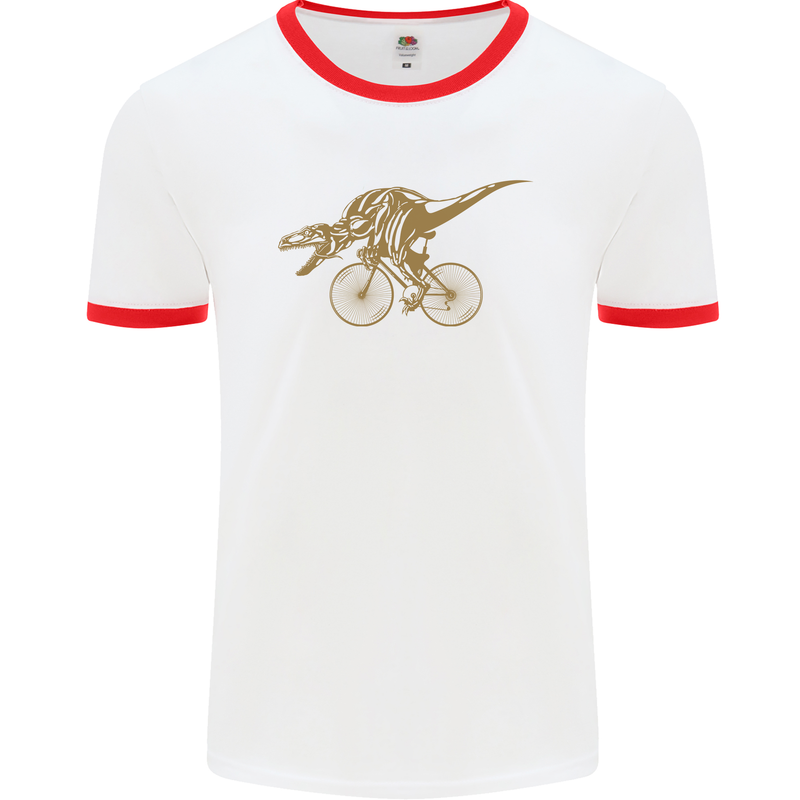 T-Rex Dinosaure Riding a Bicycle Cycling Mens White Ringer T-Shirt White/Red