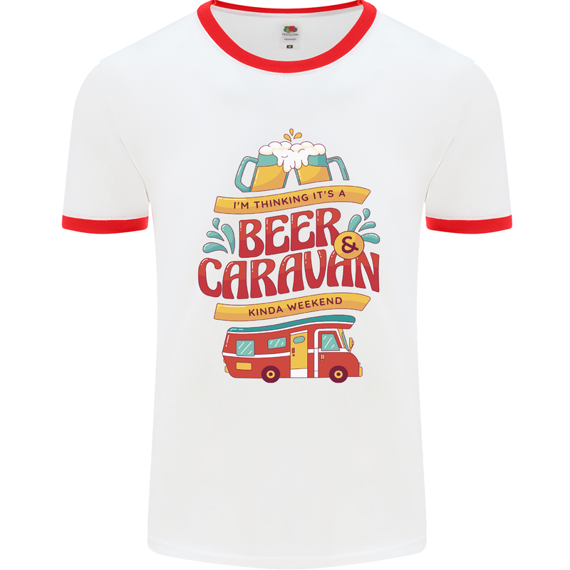 Beer and Caravan Kinda Weekend Funny Mens White Ringer T-Shirt White/Red