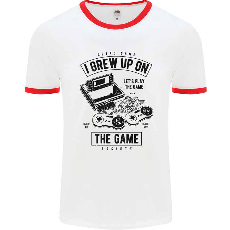 I Grew up on the Gamer Funny Gaming Mens White Ringer T-Shirt White/Red