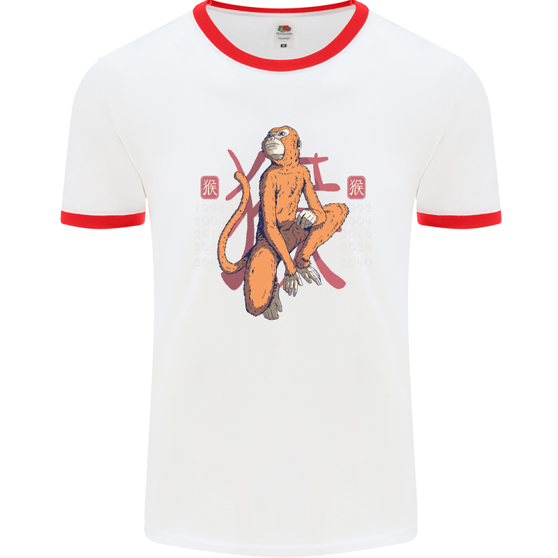 Chinese Zodiac Shengxiao Year of the Monkey Mens White Ringer T-Shirt White/Red