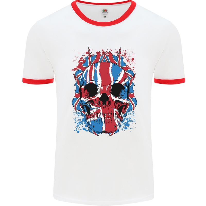 Union Jack Flag Skull Gym MMA Biker Mens White Ringer T-Shirt White/Red