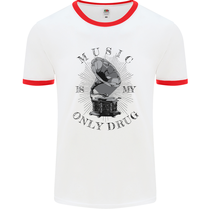 Music Is My Only Drug Funny DJ Vinyl Decks Mens White Ringer T-Shirt White/Red