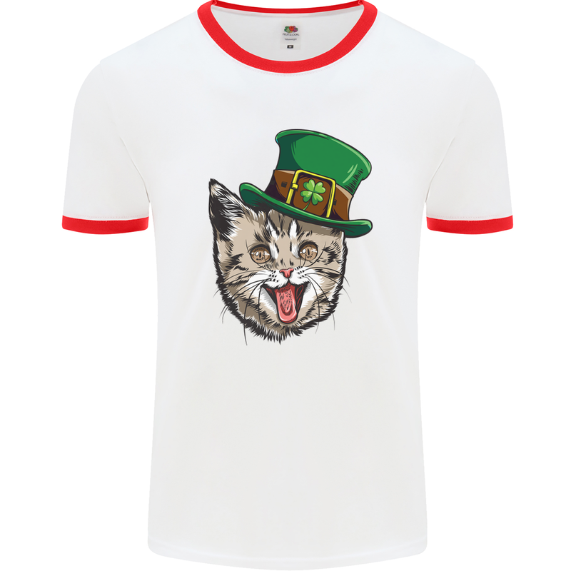 St Patricks Day Cat Funny Irish Mens White Ringer T-Shirt White/Red