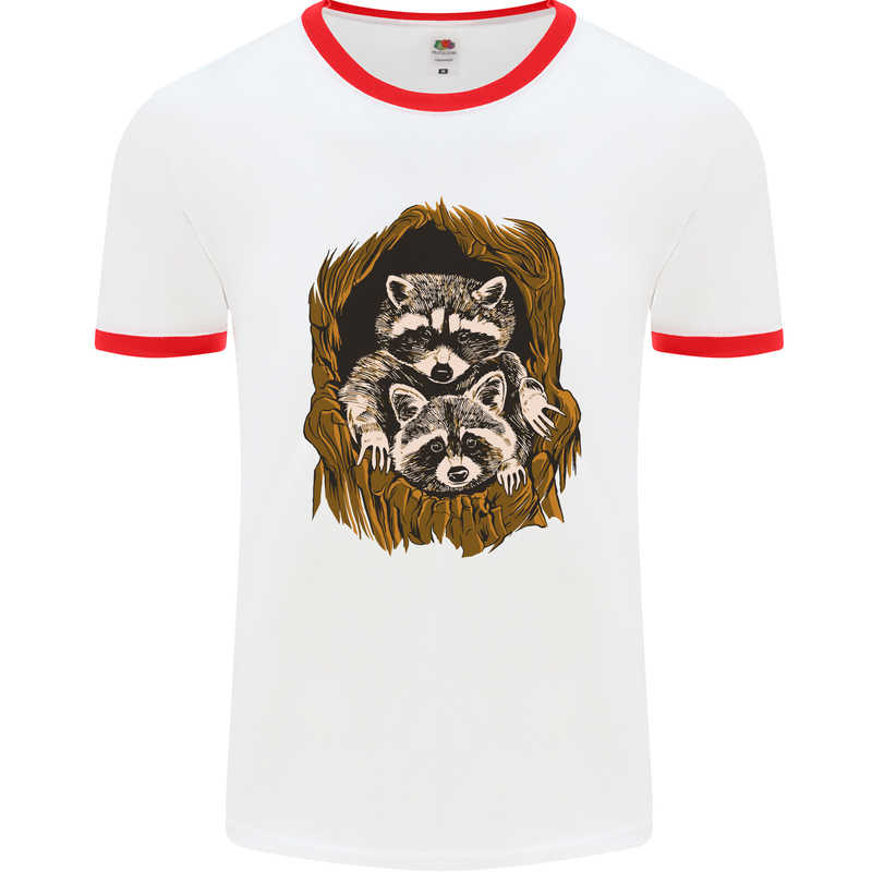 Raccoons in a Tree Mens White Ringer T-Shirt White/Red