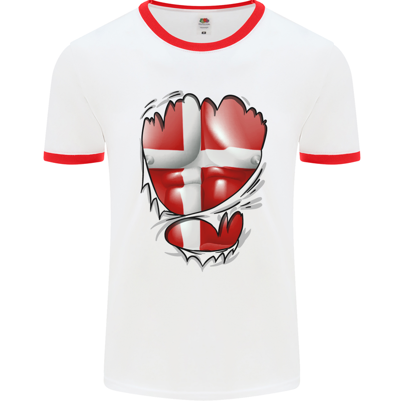 Gym Danish Flag Ripped Muscles Denmark Mens White Ringer T-Shirt White/Red