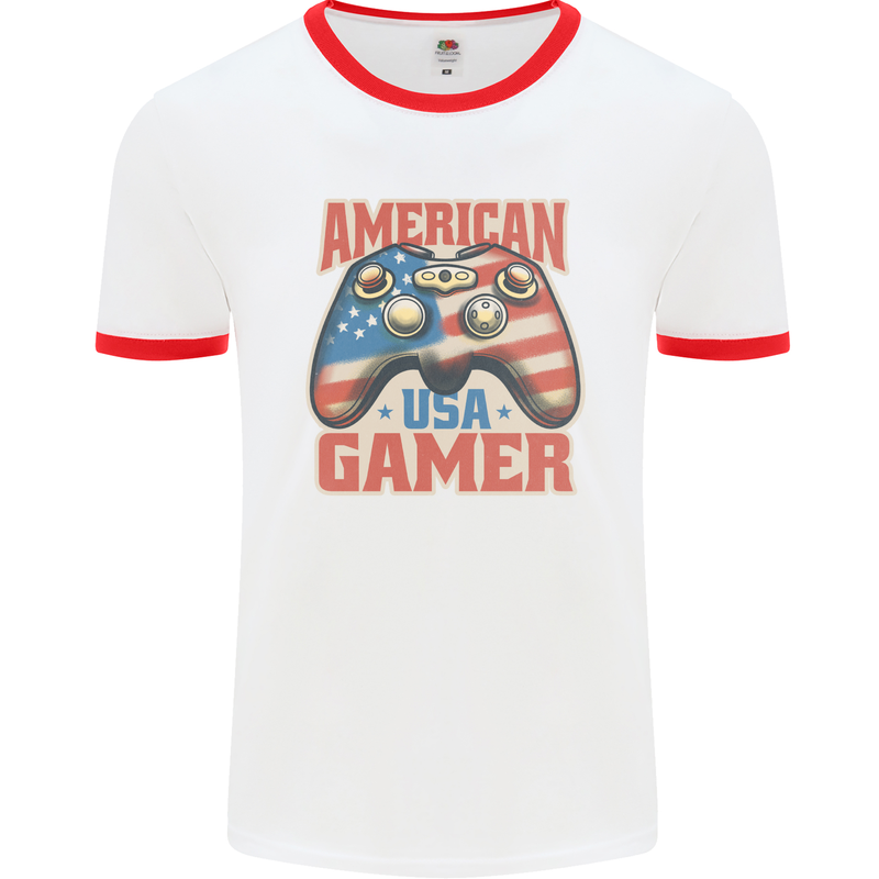 American USA Gamer Video Games Joypad Mens Ringer T-Shirt White/Red