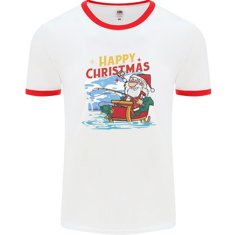 Santa Clause Fishing Funny Christmas Mens White Ringer T-Shirt White/Red