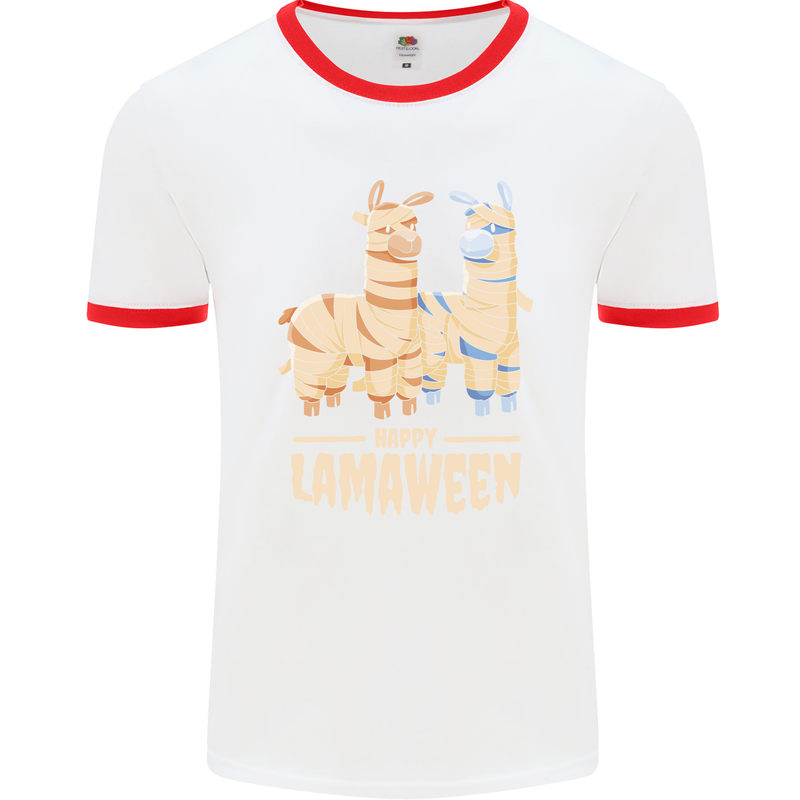 Happy Lamaween Funny Lama Halloween Mens White Ringer T-Shirt White/Red