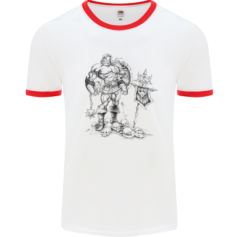 Viking Warior Skull Thor Odin Valhalla MMA Mens White Ringer T-Shirt White/Red