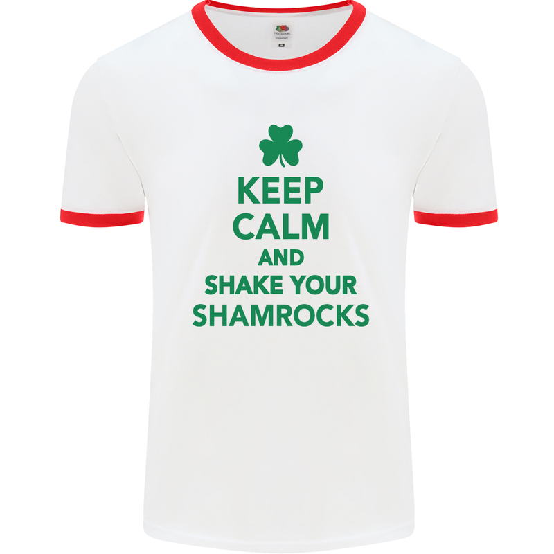 Keep Calm & Shamrocks St. Patrick's Day Mens White Ringer T-Shirt White/Red